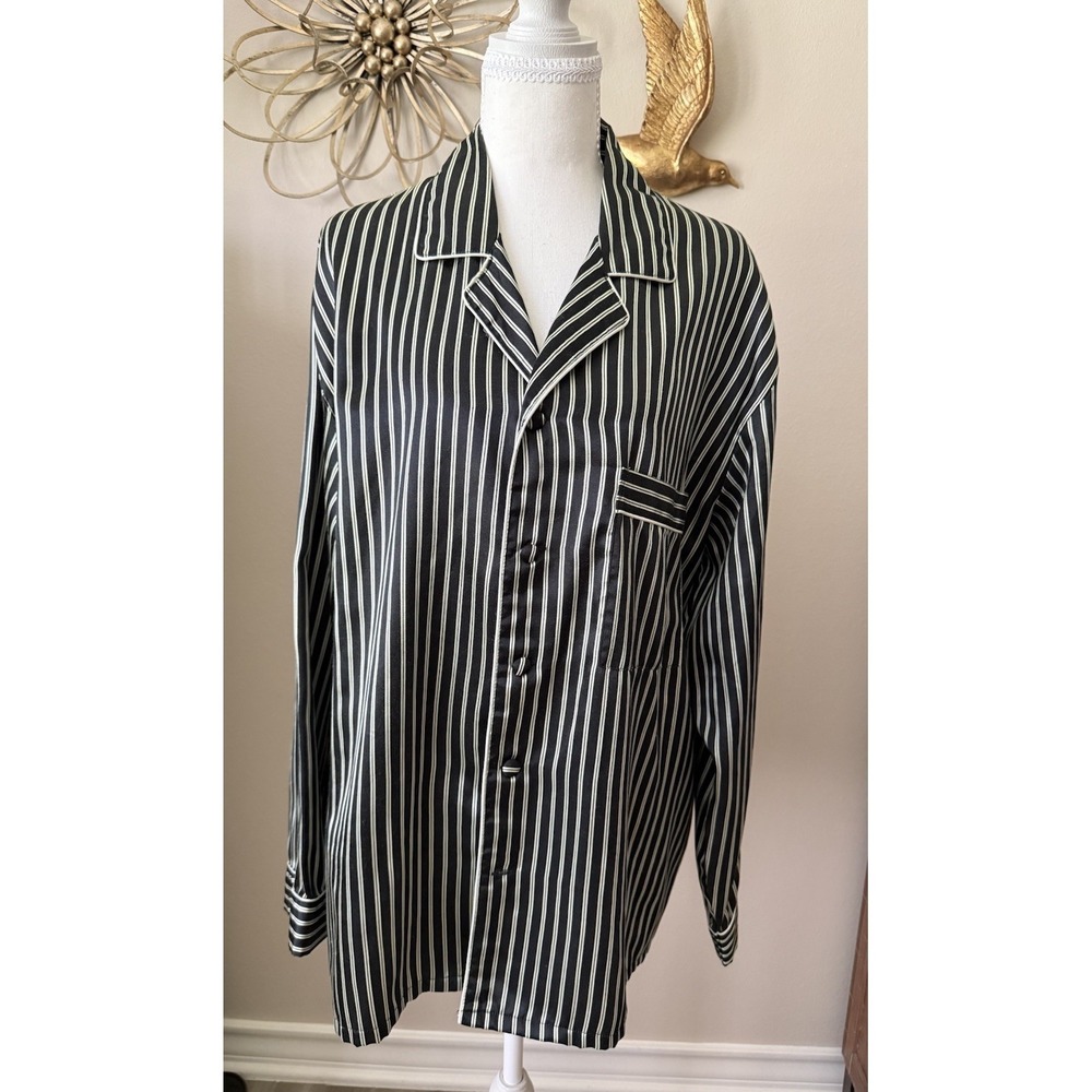 Robert Louis Silk Blend Pajama Top‎ Womens XL Green Stripe Button Up